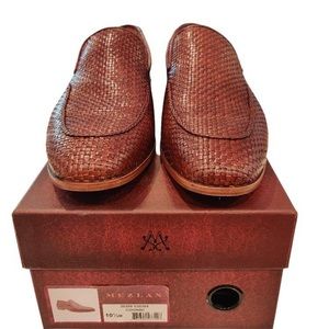 MEZLAN MEN'S SHOES COGNAC WOVEN LEATHER SLIP-ON LOAFERS